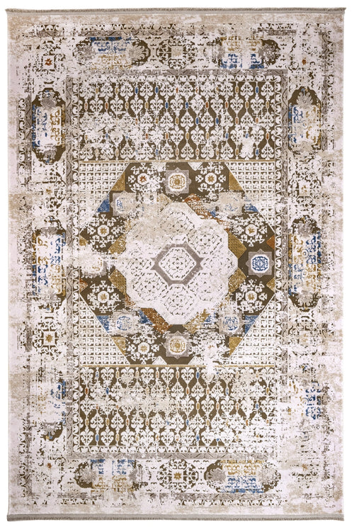 Vintage Viscose Area Rug – Brown Machine Made Rug with Fringed Edges for Living Room