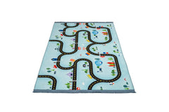 Blue Cotton Area Rug – Digital Print Figured Chenille Fabric Carpet for Kids Room