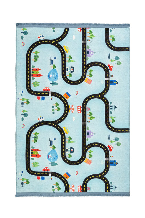Blue Cotton Area Rug – Digital Print Figured Chenille Fabric Carpet for Kids Room
