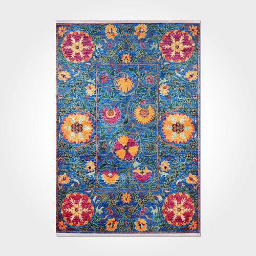 Blue Floral Area Rug – Washable Non Slip Chenille Cotton Rug with Soft Texture