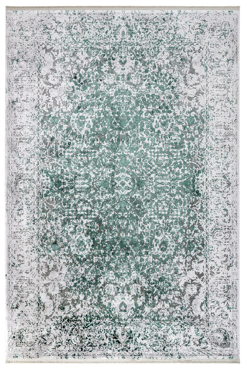 Vintage Viscose Area Rug – Machine Made Grey Carpet with Fringed Edges