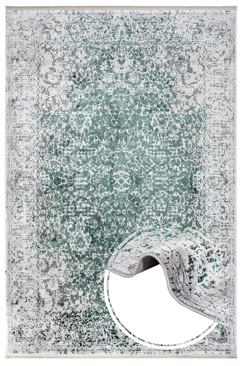 Vintage Viscose Area Rug – Machine Made Grey Carpet with Fringed Edges