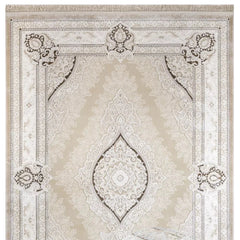 Classic Area Rug – Machine Made Beige Acrylic Carpet With Fringed Edges