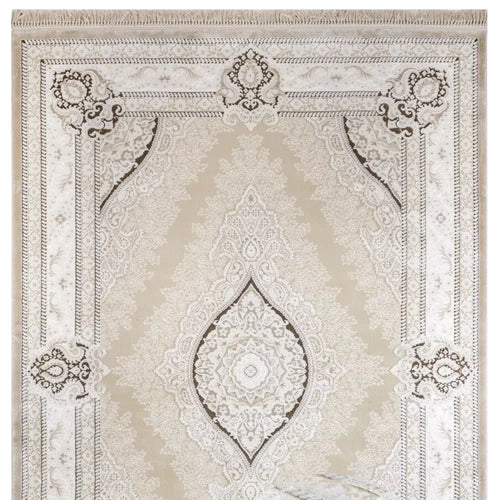 Classic Area Rug – Machine Made Beige Acrylic Carpet With Fringed Edges