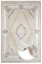 Classic Area Rug – Machine Made Beige Acrylic Carpet With Fringed Edges