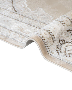 Classic Area Rug – Machine Made Beige Acrylic Carpet With Fringed Edges