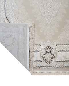 Classic Area Rug – Machine Made Beige Acrylic Carpet With Fringed Edges