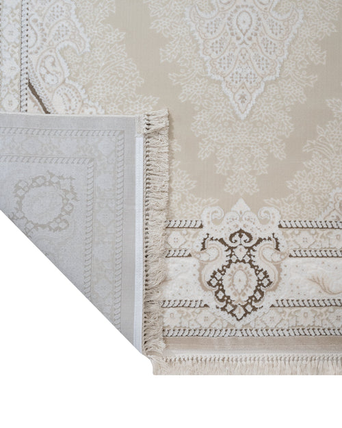 Classic Area Rug – Machine Made Beige Acrylic Carpet With Fringed Edges