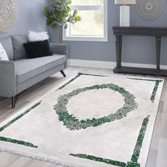 Classic Area Rug - Machine Made Rug With White Green Bamboo Acrylic Yarn, 11 mm Pile Height