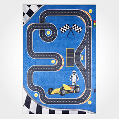 Kids Blue Rug - Machine Made Cotton Chenille Carpet | Washable Non Slip Playroom Mat