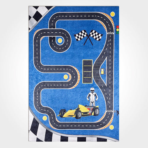 Kids Blue Rug - Machine Made Cotton Chenille Carpet | Washable Non Slip Playroom Mat