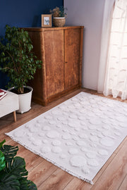 Machine Made Area Rug – Cream Geometric Cotton Yarn Rug for Living Room