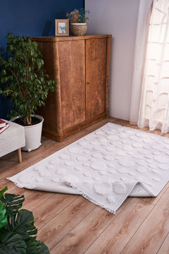 Machine Made Area Rug – Cream Geometric Cotton Yarn Rug for Living Room