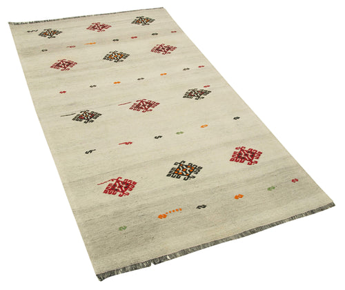 Anatolian Kilim Beige Floral Cotton Wool Handmade Area Rug 3'0'' x 5'5''