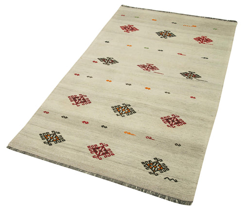 Anatolian Kilim Beige Floral Cotton Wool Handmade Area Rug 3'0'' x 5'5''