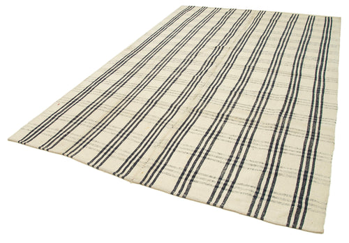 Anatolian Kilim Beige Striped Cotton Wool Handmade Area Rug 6'9'' x 10'7''