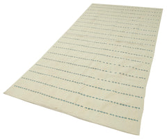 Anatolian Kilim White Striped Cotton Wool Handmade Area Rug 4'2'' x 8'9''