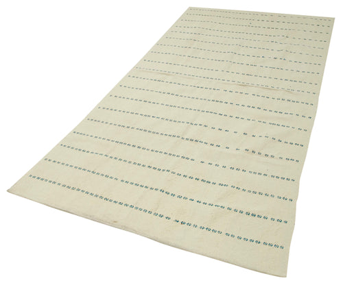 Anatolian Kilim White Striped Cotton Wool Handmade Area Rug 4'2'' x 8'9''