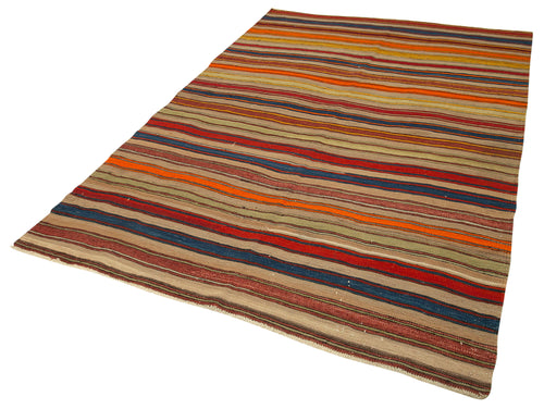 Anatolian Kilim White Striped Cotton Wool Handmade Area Rug 5'4'' x 8'3''