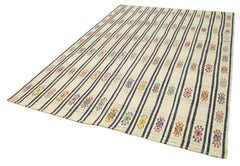 Anatolian Kilim White Striped Cotton Wool Handmade Area Rug 6'5'' x 9'5''