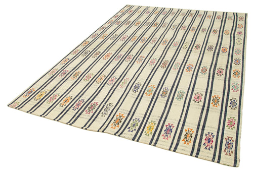 Anatolian Kilim White Striped Cotton Wool Handmade Area Rug 6'5'' x 9'5''