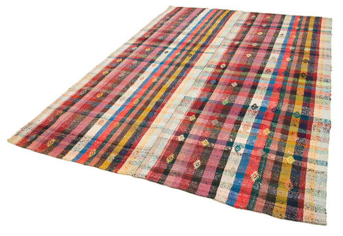 Anatolian Kilim White Striped Cotton Wool Handmade Area Rug 6'8'' x 9'4''