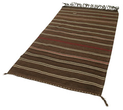 Anatolian Kilim Brown Striped Cotton Wool Handmade Area Rug 3'6'' x 6'5''