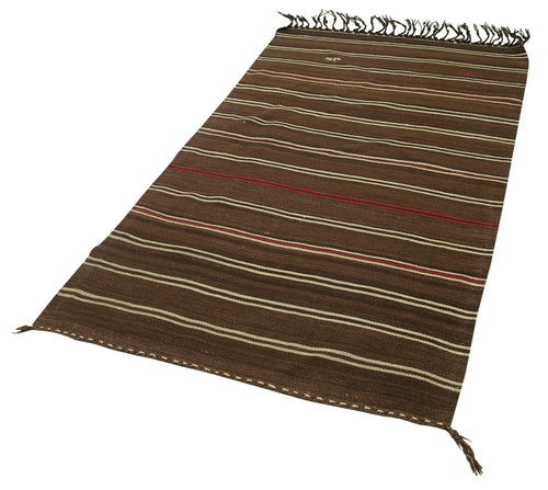 Anatolian Kilim Brown Striped Cotton Wool Handmade Area Rug 3'6'' x 6'5''