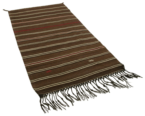 Anatolian Kilim Brown Striped Cotton Wool Handmade Area Rug 3'6'' x 6'5''