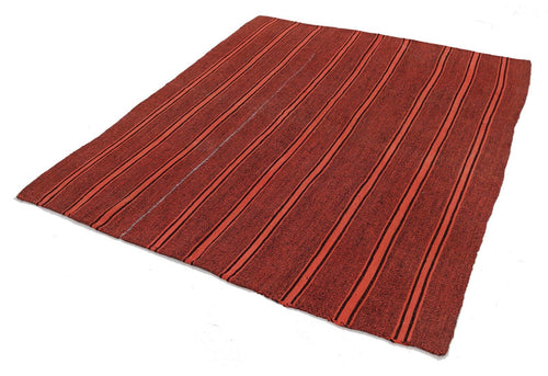 Anatolian Kilim Red Striped Cotton Wool Handmade Area Rug 6'0'' x 7'0''