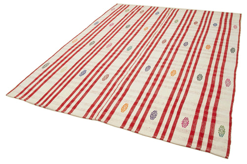 Anatolian Kilim Red Striped Cotton Wool Handmade Area Rug 6'5'' x 8'6''