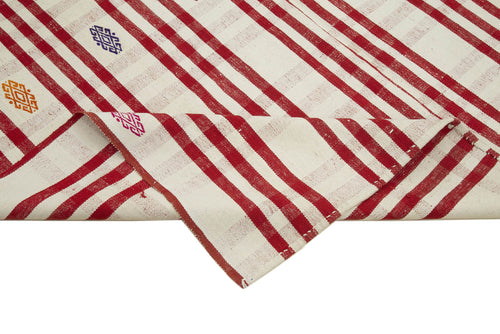 Anatolian Kilim Red Striped Cotton Wool Handmade Area Rug 6'5'' x 8'6''