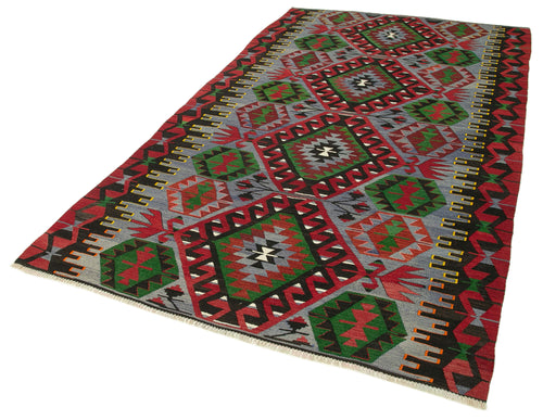Anatolian Kilim Red Geometric Cotton Wool Handmade Area Rug 5'3'' x 9'6''