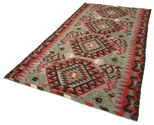 Anatolian Kilim Red Geometric Cotton Wool Handmade Area Rug 5'3'' x 10'2''