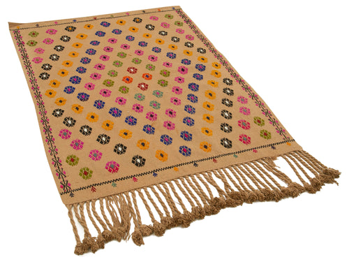 Anatolian Kilim Yellow Floral Cotton Wool Handmade Area Rug 3'3'' x 4'7''