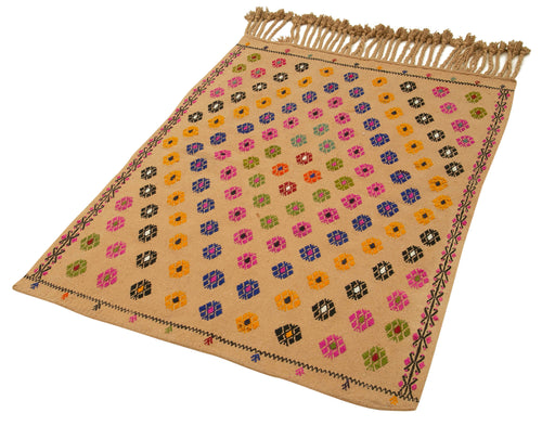 Anatolian Kilim Yellow Floral Cotton Wool Handmade Area Rug 3'3'' x 4'7''