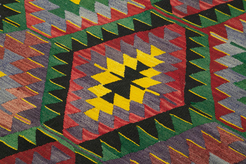 Anatolian Kilim Yellow Geometric Cotton Wool Handmade Area Rug 3'10'' x 7'11''