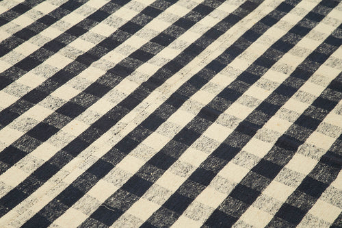 Anatolian Kilim Black Striped Cotton Wool Handmade Area Rug 6'9'' x 10'8''