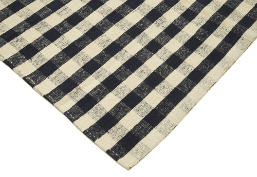 Anatolian Kilim Black Striped Cotton Wool Handmade Area Rug 6'9'' x 10'8''