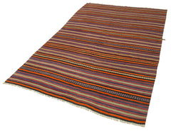 Anatolian Kilim Orange Striped Cotton Wool Handmade Area Rug 4'10'' x 8'0''