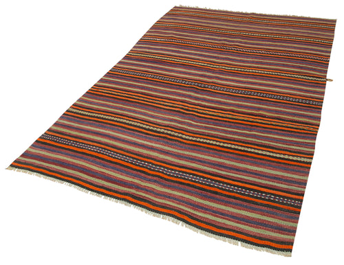 Anatolian Kilim Orange Striped Cotton Wool Handmade Area Rug 4'10'' x 8'0''