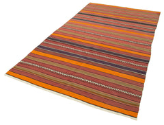 Anatolian Kilim Orange Striped Cotton Wool Handmade Area Rug 5'0'' x 8'9''