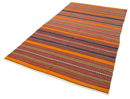 Anatolian Kilim Orange Striped Cotton Wool Handmade Area Rug 5'0'' x 8'9''
