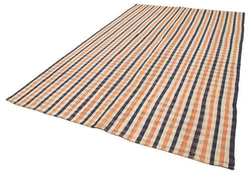 Anatolian Kilim Orange Striped Cotton Wool Handmade Area Rug 6'11'' x 11'1''
