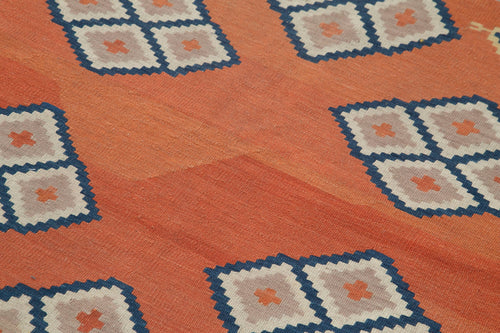 Anatolian Kilim Orange Geometric Cotton Wool Handmade Area Rug 3'7'' x 5'5''