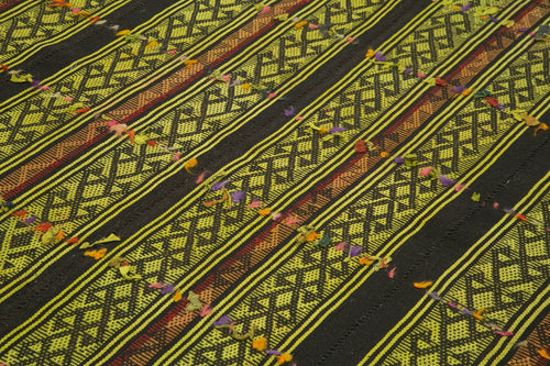 Anatolian Kilim Green Striped Cotton Wool Handmade Area Rug 6'3'' x 7'3''