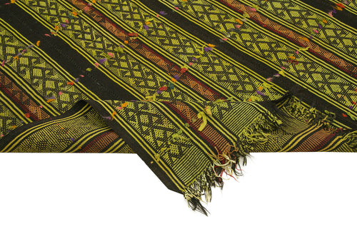 Anatolian Kilim Green Striped Cotton Wool Handmade Area Rug 6'3'' x 7'3''