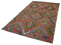 Anatolian Kilim Green Geometric Cotton Wool Handmade Area Rug 5'5'' x 9'6''