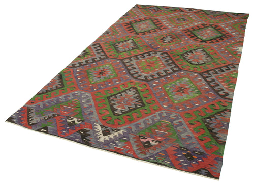 Anatolian Kilim Green Geometric Cotton Wool Handmade Area Rug 5'5'' x 9'6''