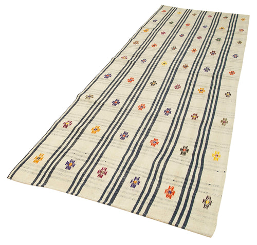 Anatolian Runner Beige Striped Cotton Wool Handmade Area Rug 3'9'' x 11'11''